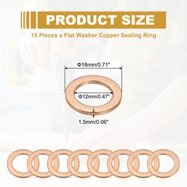 PATIKIL M12 Copper Washer Sealing Ring, 15 Pieces 12mm ID 18mm OD 1.5mm Thickness Metric Flat Sealing Gasket Crush Washer for Screws Bolt Sump Plugs Oil Drain