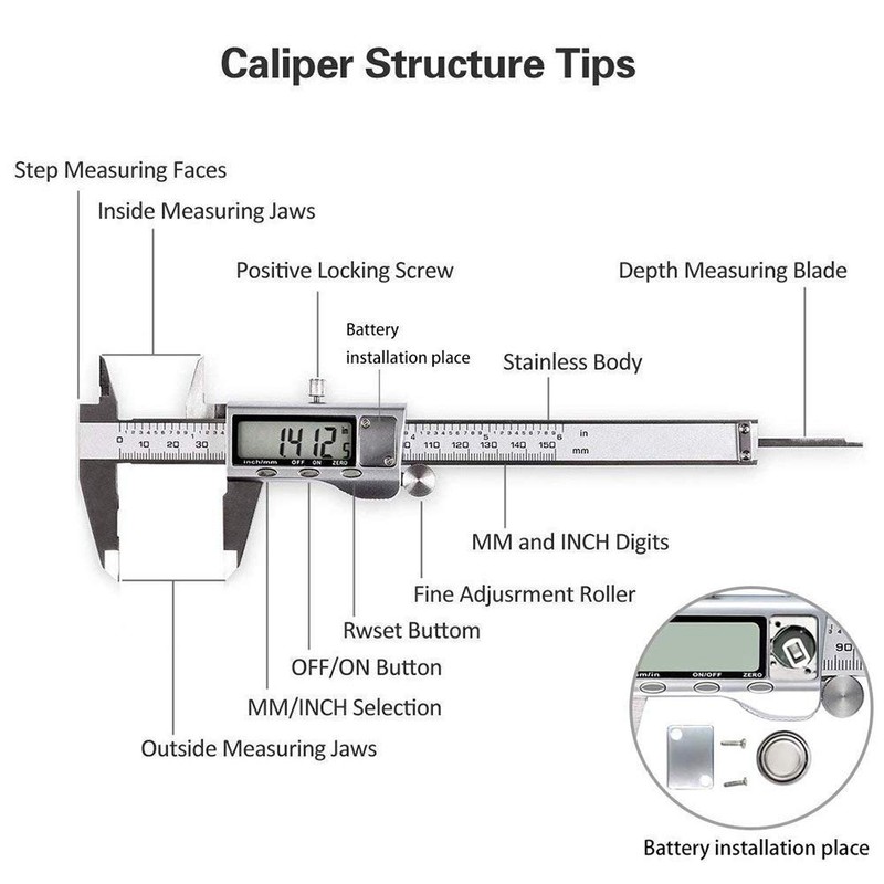 Digital Caliper, Caliper Measuring Tool with Stainless Steel, Electronic Micrometer