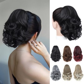 Angzon Ponytail Extension 8 Inch Claw Clip in Ponytail Short Curly Ponytail Extension for Women Messy Bun Fluffy Wavy Curly Synthetic Versatile Natural Black Hairpieces