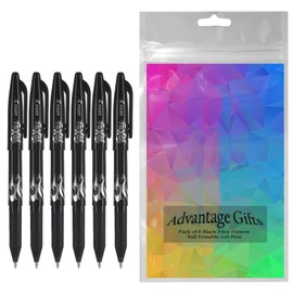 Pilot Frixion Ball Stick Erasable Gel Pens Fine Point (.7mm) Black Ink 6-pk; Bundle with Plastic Reusable Pouch