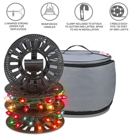 Premium Christmas Light Storage Bag – Heavy Duty Tear Proof 600D/Inside PVC Material with Reinforced Handles - With 3 Reels Stores up to 375 Ft of Mini Christmas Tree Lights & Extension Cords - Gray