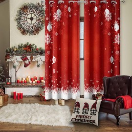 YOSTEV Red Snowflakes Christmas Curtain for Bedroom 2 Panel Set, Red Xams Velvet Window Curtains 63 Inch Long, Thermal Insulated Living Room Darkening Decoration Curtains, 52x63 Inch