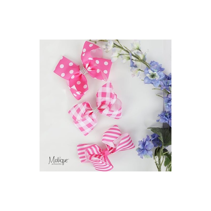Hair Bow with Striped Grosgrain Ribbon, 6 inch Hairbow (Pink)