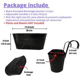 LaLaGreen Rail Planter Outdoor Plants(5 Pack, 11.8 Inch) Black Metal Iron Hanging Flower Pots Deck Railings Fence Buckets Modern Countryside Boho Style Wall Mount Window Box Plant Holder Porch Decor