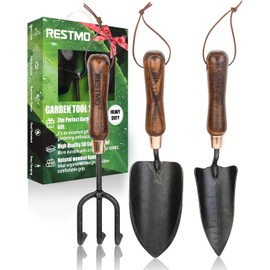 RESTMO 3-in-1 Heavy Duty Gardening Tools Kit, Premium Carbon Steel Garden Hand Tools with Ergonomic Wooden Handle Includes Trowel, Transplanter, and Cultivator, Ideal Gardening Gifts for Gardener