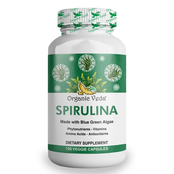 Organic Veda - Spirulina Capsules, Made with Blue Green Algae, Natural Spirulina Green Superfood Capsules, Supports Immune System, 120 Veggie Capsules