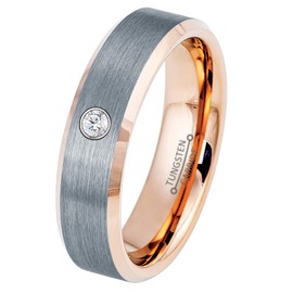 0.07ct Diamond Tungsten Ring - April Birthstone - 6MM Two-Tone Rose Gold Ion-Plated Beveled Edge Grey Brushed Center Comfort Fit Unisex Wedding Anniversary Band -11.5