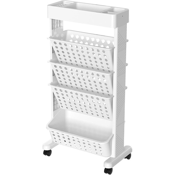 VEMJO 5 Tier Rolling Book Cart，Movable Bookshelf with Wheels Multi-Functional