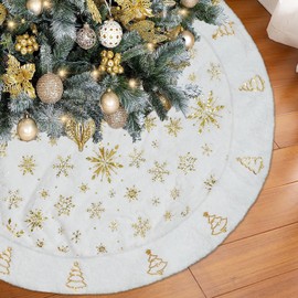 Miaikoe Christmas Tree Skirt, 90CM Gold Snowflake Christmas Trees Splicing White Faux Fur Thick Plush Xmas Tree Skirt for Holiday Christmas New Year Decorations (White/Gold)