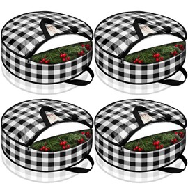 Sadnyy 4 Pcs Christmas Wreath Storage Bag 24 Inch Large Buffalo Plaid Garland Wreaths Container with Handles Xmas storage containers for Storing Garland Wreath Wrapping (Black and White)