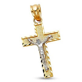 GemApex Solid Jesus Cross Pendant 14k White Rose Gold Crucifix Charm Mesh Diamond Cut Religious 21 x 13 mm