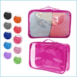 Large Clear Travel Packing Cube/See-Through PVC Organizer for Suitcase/Multipurpose Pouch w/Handle/Dress Shirts, Pants, Cashmere, Sweaters & Seasonal Linen Storage Protection (Pink)