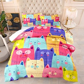 BailiPromise Kids Cute Cat Comforter Set Cartoon Pet Cats Bedding Set 3Pcs Twin Size for Boys Girls Kitten Print Cotton Alternative Duvet Set Cat Lover's Animal Themed Quilt Set Bedroom Collection