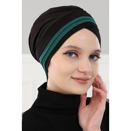 Aisha's Design Envolturas de cabeza de turbante instantáneo preatadas para mujer, 95% algodón, bufanda hiyab 2 colores, Negro - Verde Oscuro, Talla única