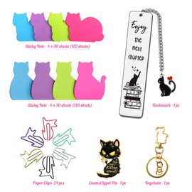 XAANLVY Cat Gifts for Cat Lovers - Novelty Cat-Themed Gift Set, Bookmark, Sticky Notes, Paper Clips, Keychain, Enamel Lapel Pin