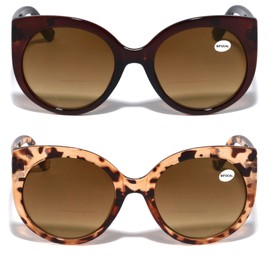 V.W.E. 2 Pairs Women Oversized Bifocal Reading Sunglasses Reader Glasses Gradient Tinted Lens Vintage Round Cateye (1 Brown 1 Brown Leopard, 2.50, multiplier_x)