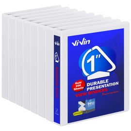 ViVin Durable D Ring Binders, 1 Inch 3 Ring View Binders, Customizable Clear Cover, Hold 225 Sheets of US Letter Size Paper, 8 Pack, White