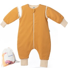 Mababu All-year baby sleeping bag with feet and removable sleeves, 100% GOTS organic cotton, year-round children's sleeping bag with feet, foldable cuffs, caramel