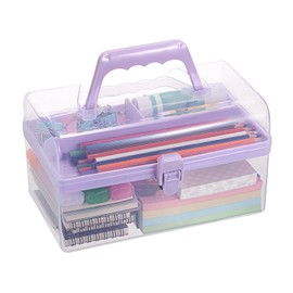 BTSKY Multipurpose Plastic Craft Storage Containers with Removable Tray, Clear Plastic Storage Box with Lid & Handle, Easy Carry & Stack Small Storage Container, 8.5x5x4.9 Inch, Rectangle-Purple