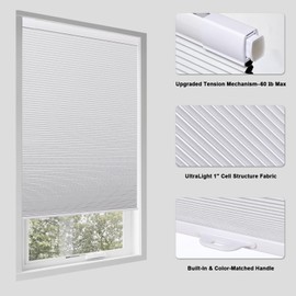 Tonature No Drill Cellular Shades for Indoor Windows, Thermal Insulating & Noise Reducing Honeycomb Blinds, Free Stop Cordless Blackout Shades, White, 45" W x 64" H