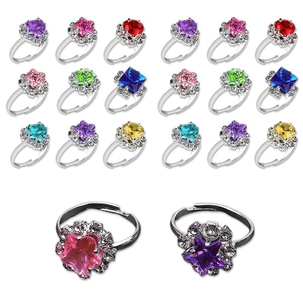 Crystal Adjustable Rings Simulation Diamond Rings Girls Finger Ring Toys for Girl Pretend Play Dress up Party, 20Pcs (Random Color)