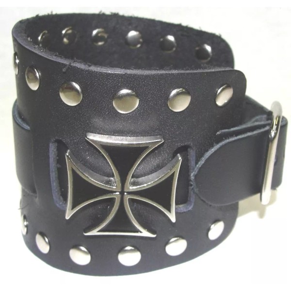 Manzoor Wide Black Leather Watch Band With Iron Maltese Cross