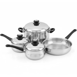 Tuxton Home Nevada 7 Piece Cookware set; Stainless Steel, PFTE & PFOA Free, Freezer to Oven Safe, Induction Compatible; 1QT & 2QT Saucepans, 5QT Dutch Oven, 10" Open Frypan