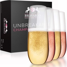 Bravario Unbreakable Stemless Plastic Champagne Flutes | Shatterproof 100% Tritan Plastic Glasses | Reusable | BPA-free | 8.5 oz, Set of 4
