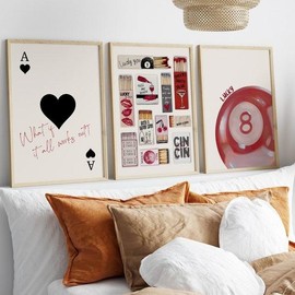 Vintage Matchbox Print Trendy Ace of Hearts Print Set Of 3 Lucky You Poster Retro Matchbook Art Vintage Pool Ball Funky Red Aesthetic Print - Style: Set of 3, Size: 18x36