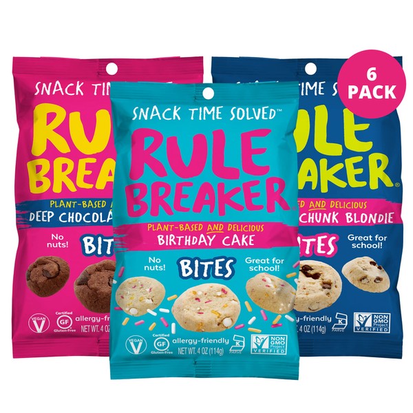 Rule Breaker Snacks Bites 6-Pack Variety Pack | Brownie, Blondie, Birthday Cake | Vegan, Gluten-Free, Dairy-Free, Nut-Free, Allergen-Free, Soy-Free | Great for School, Lunchbox, Office, Pantry | Soft-Baked, Better-For-You Cookie Bites | Pack of 6 4-oz Bags
