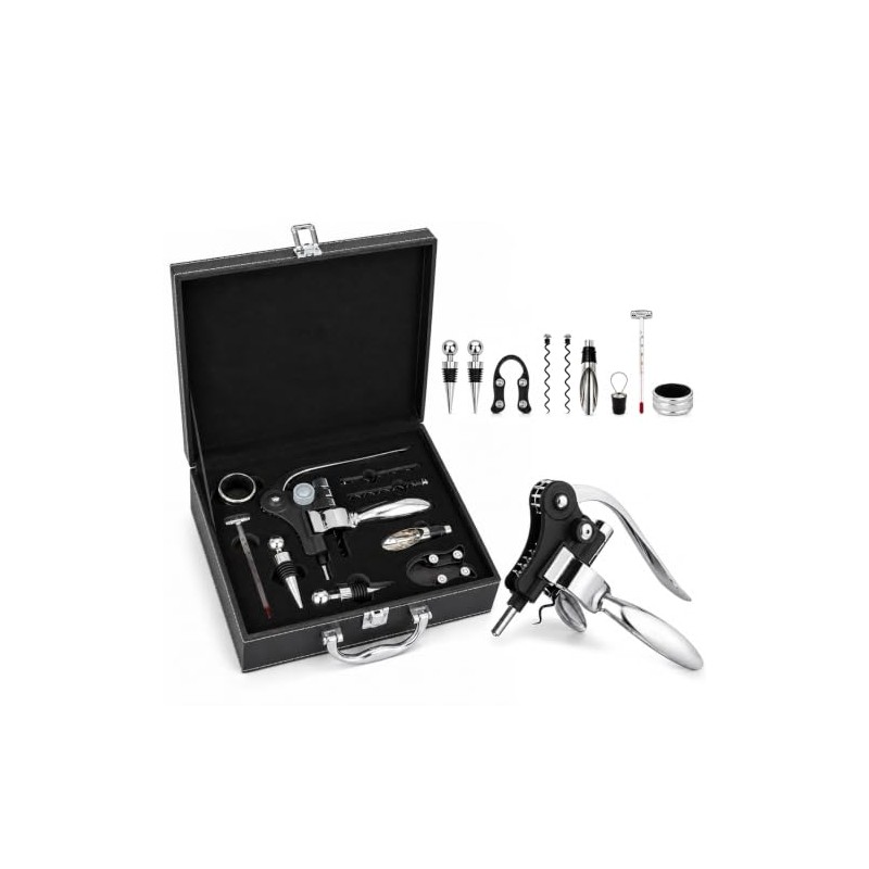 Set Abridor de Vino con 10 Accesorios, Caja Negra, Sacacorchos