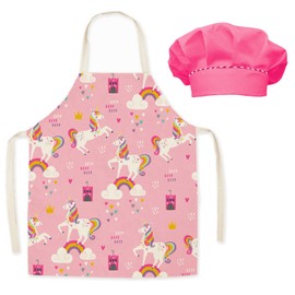 Kids Apron and Chef Hat Set Cute Pink Unicorn Canvas Apron for Girls Funny Cartoon Kitchen Bib for Painting Cooking Baking