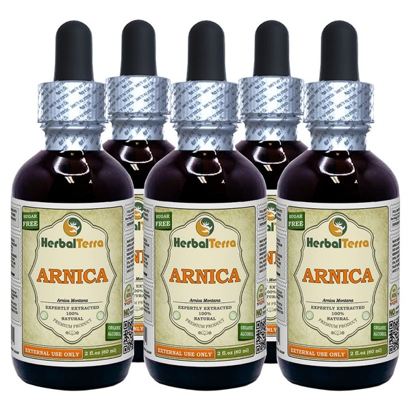 Arnica (Arnica Montana) Tincture, Organic Dried Flowers Liquid Extract (Brand Name: HerbalTerra, Proudly Made in USA) 5x2 fl.oz (5x60 ml)