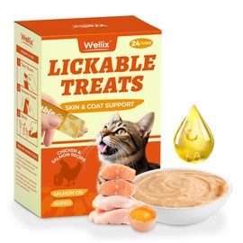 Wellix Lickable Squeeze Up Cat Treats - Salmon Oil Flavor with Chicken Kitten Snacks(24 Count) - Cats Tube Treats for Joint Support & Healthy Skin