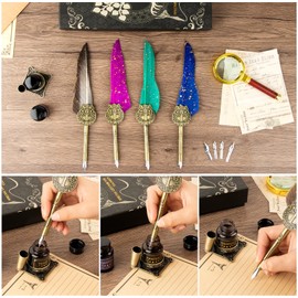 TIANREN Feather Pen and Ink Set,quill pen ink set,Antique Calligraphy Pen with 4 Replaceable Nibs,2 Bottle of ink,Pen Holder Christmas Gift for Men&Women.(Gray)