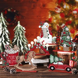 CroBlissful 6 Pcs Christmas Table Decorations Winter Table Centerpiece Red and Green Snowman Wooden Table Top Signs Christmas Tiered Tray Decor for Home Table Decor Xmas Winter Holiday Party Supplies