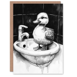 Artery8 Greeting Card Cute Duckling Sink Bath Time Black White Drawing Blank For Him Or Her Art Birthday Card
