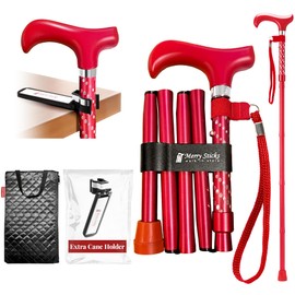 [Combo] Merry Sticks Lightweight Foldable Walking Canes for Women and Men, Adjustable & Collapsible Walking Stick for Seniors, Includes A Cane Bag & A Smart Reflective Cane Holder - Dazzling Red
