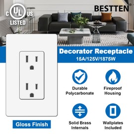 BESTTEN 30 Pack 15 Amp Decorator Receptacle Outlet, Standard Electrical Wall Outlet, Decor Screwless Wallplate Included, 15A/125V/1875W, Residential and Commercial Use, UL Listed, White