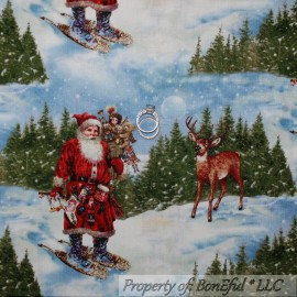 Spectrix BonEful Fabric FQ Cotton Quilt White Scenic Santa Claus Reindeer Deer Xmas Tree
