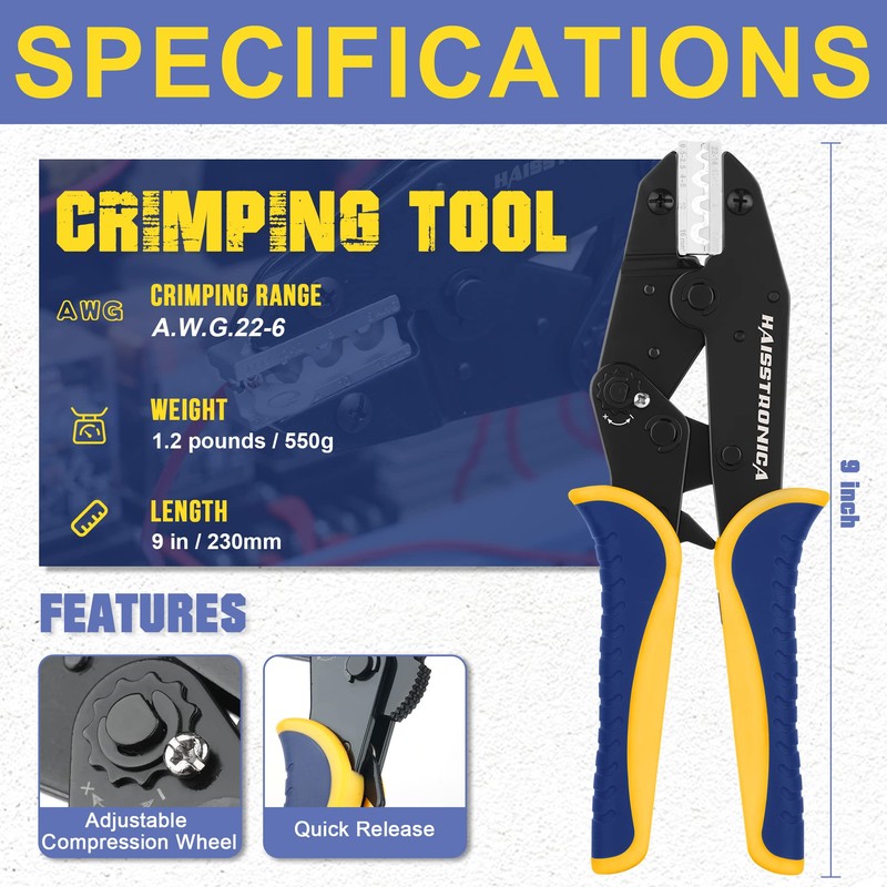 haisstronica Crimping Tool for Non-Insulated Terminal,AWG 22-6 Ratchet Wire Crimper