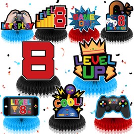 9 PCS 8th Birthday Decorations Video Game 8th Birthday Honeycomb Centerpieces Table Toppers GamePad Birthday Table Decorations