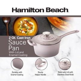 Hamilton Beach Enameled Cast Iron Sauce Pan 2-Quart Gray, Cream Enamel coating, Pot For Stove top and Oven Cooking, Even Heat Distribution, Safe Up to 400 Degrees, Durable