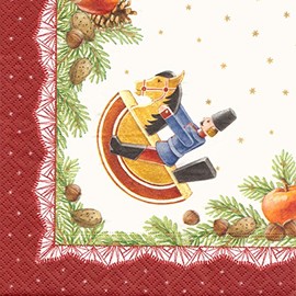 Dregeno Soaps Napkins Beige and Red with Rider and Pine Branches, Pack of 20 - Ore Mountains Christmas Decoration