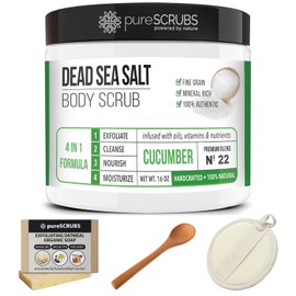 pureSCRUBS Premium Organic Body Scrub Set - Large 16oz CUCUMBER - Dead Sea Salt Body Scrubs for Women Exfoliation KP Bump Eraser Body Scrub INCLUDES Wooden Spoon, Loofah & Soap