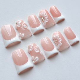 Luxury Press on Nails Short Duck Handmade 3D Unique Reusable ABS Material Fake Nails White French Tip False Nails with Designs Rhinestones Floral Glossy Glue on Nail Thick Acrylic Nail(M)