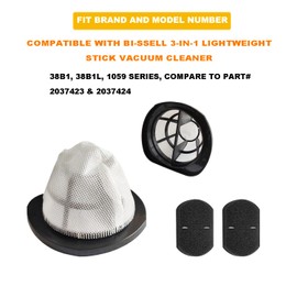 2 Pack 203-7423 Vacuum Filter and 2 Pack Foam Filter Compatible with 3-in-1 Lightweight Stick Vac 38B1, 38B1L, 1059 Series, Compare to Part# 2037423 & 2037424