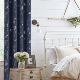 BUHUA Room Darkening Curtains 63 Inch Length, Window Treatments for Living Room Grommet Curtains with Silver Leaf Foil Design (52 x 63 Inch,Navy Blue,Set of 2)