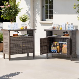 ONBRILL Outdoor Storage Cabinet, Woven Rattan Bar Table with 2 Doors, Slatted-Top, Wicker Console Table for Patio, Garden, Backyard, Kitchen - Brown