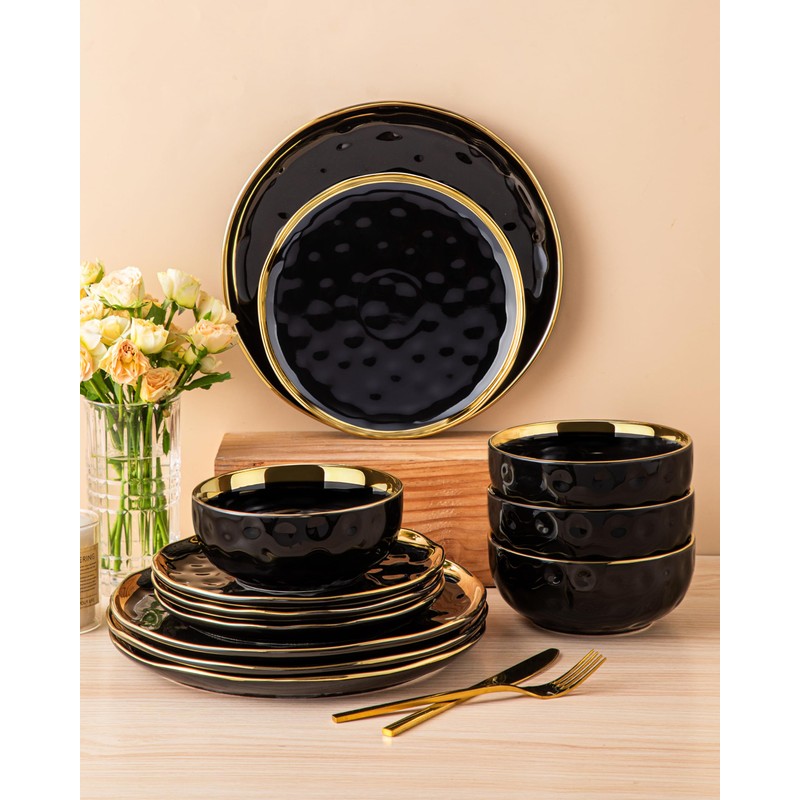 LOVECASA 12 Pieces Plates and Bowls Sets, Porcelain Black and